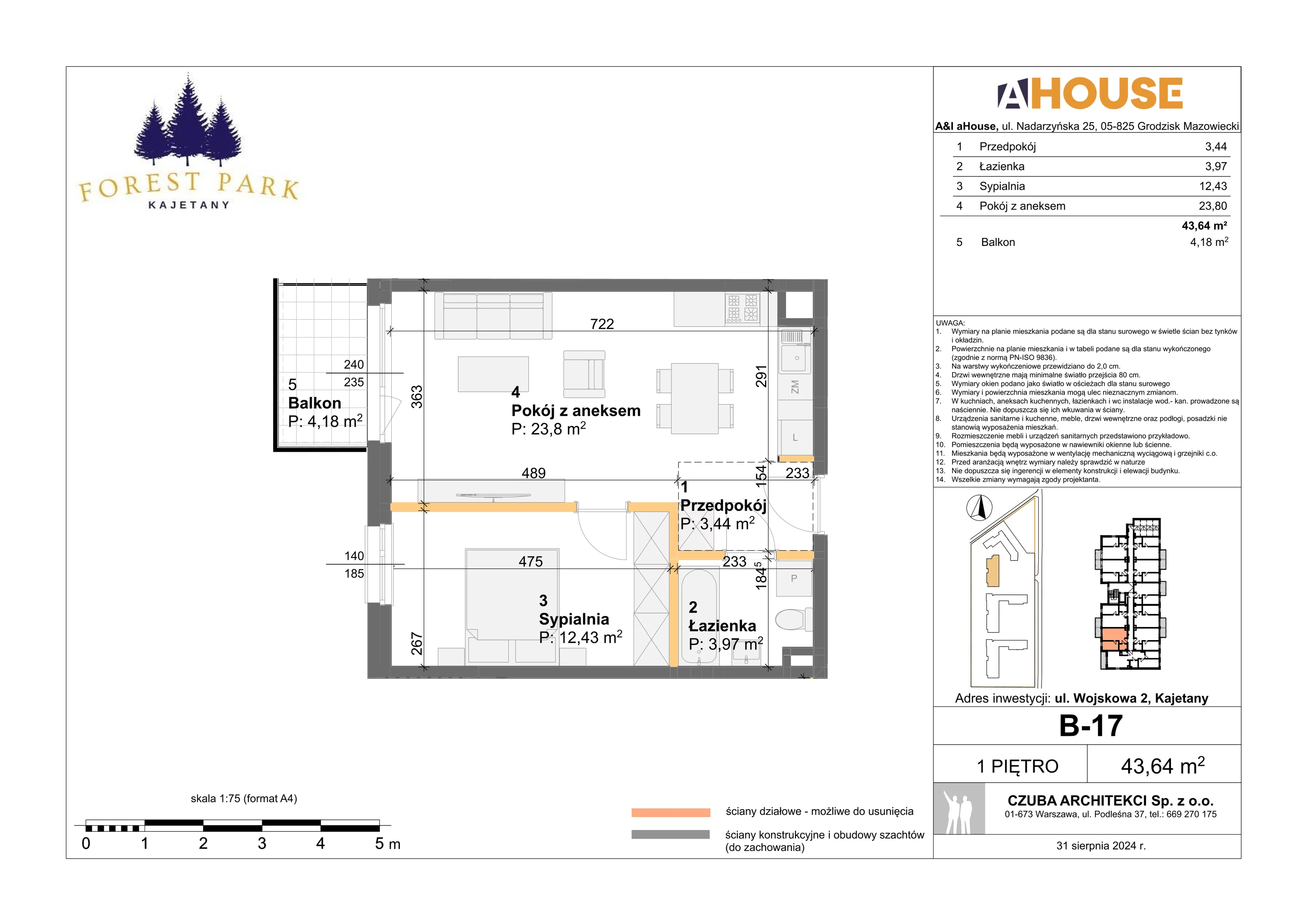 2 pokoje, mieszkanie 43,64 m², piętro 1, oferta nr B-17, Forest Park Kajetany, Kajetany, ul. Wojskowa 2